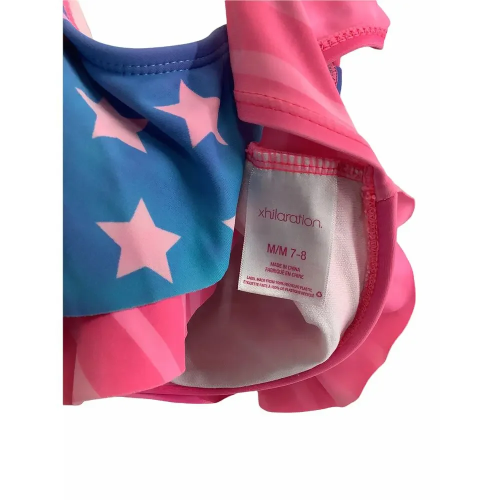 Xhilaration Girl's Stars & Striped Pink Blue Swim Bikini Set Kid's Size Medium